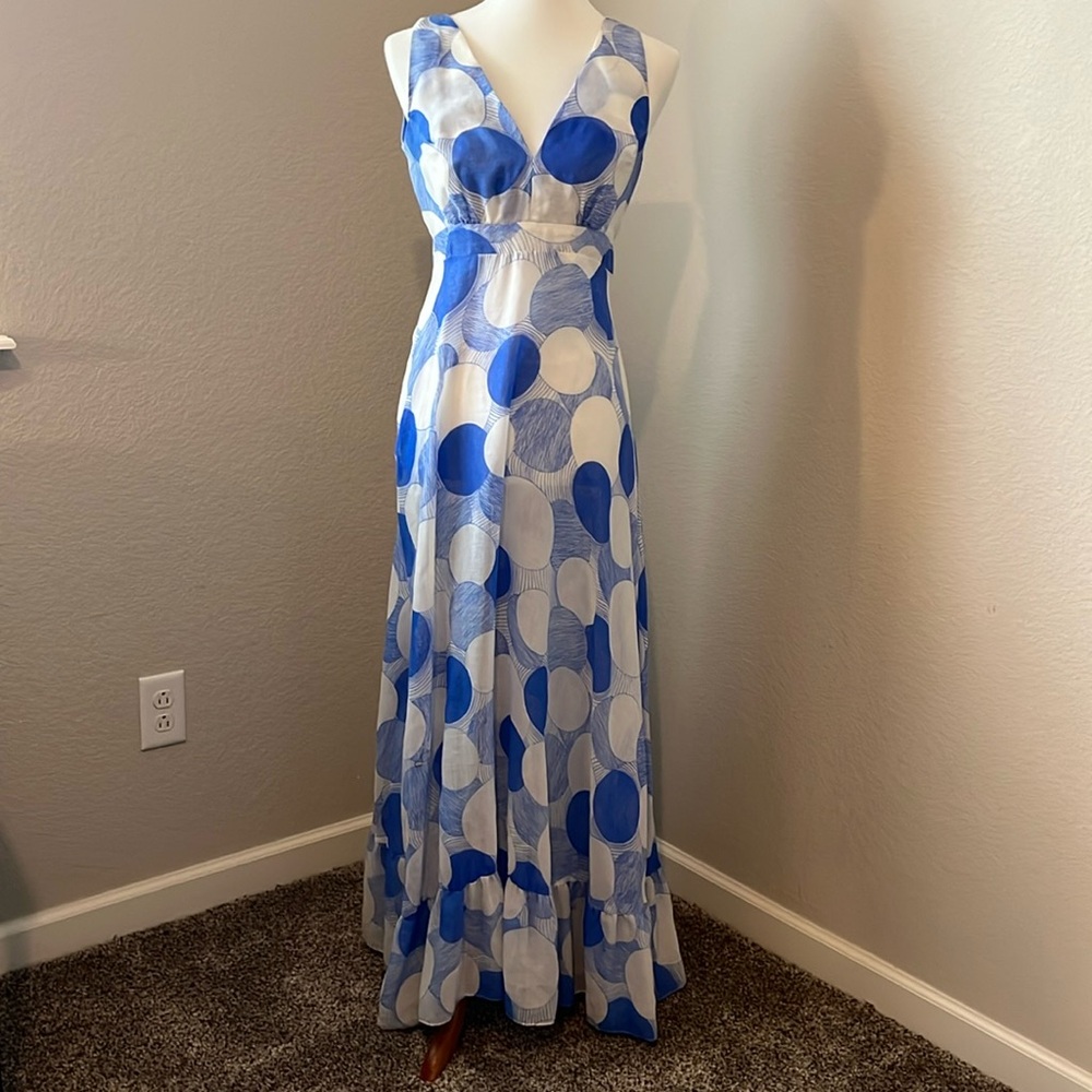 Vintage 1960’s Blue and White Plunge Neck Sleeveless Maxi Dress